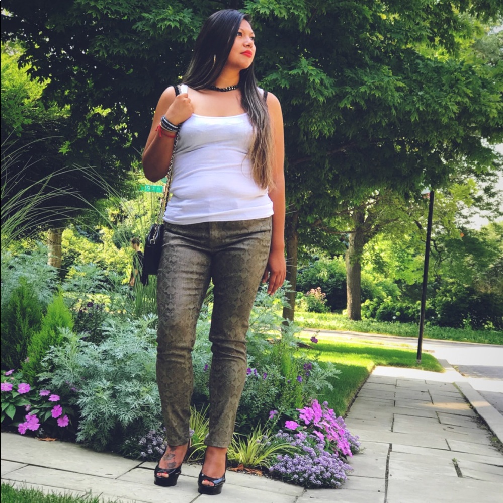 skinny jeans w/ shiny snake skin metallic finish